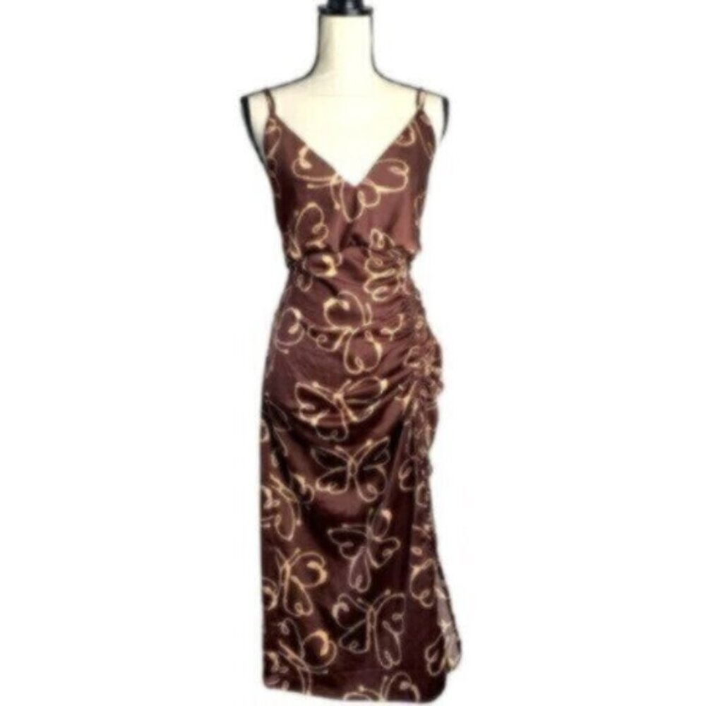 Urban Outfitters Brown & Cream Plunged Neckline Midi Dress